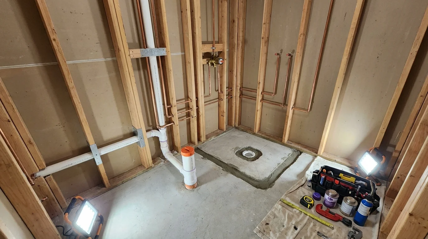 Bathroom rough-in plumbing during remodel by Johns Plumbing LLC in Cheraw