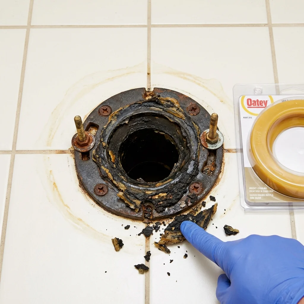 Failed wax ring showing water seepage at the base of a toilet in a Cheraw, SC home